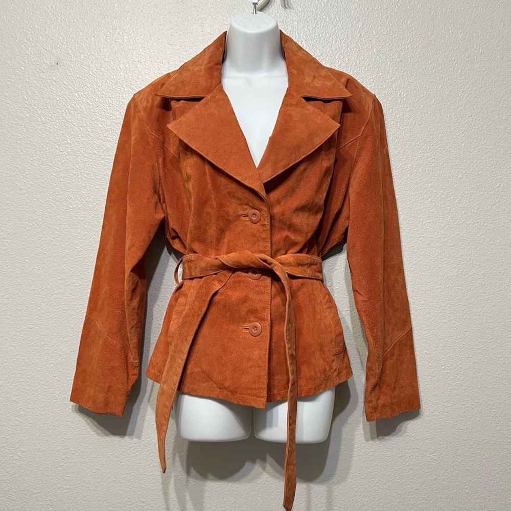 Vintage 90s Wilsons Leather Rust Orange Belted Suede Leather Jacket City Chic
